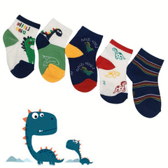 Boy's Dino Striped Crew Socks Breathable Comfy Casual Style