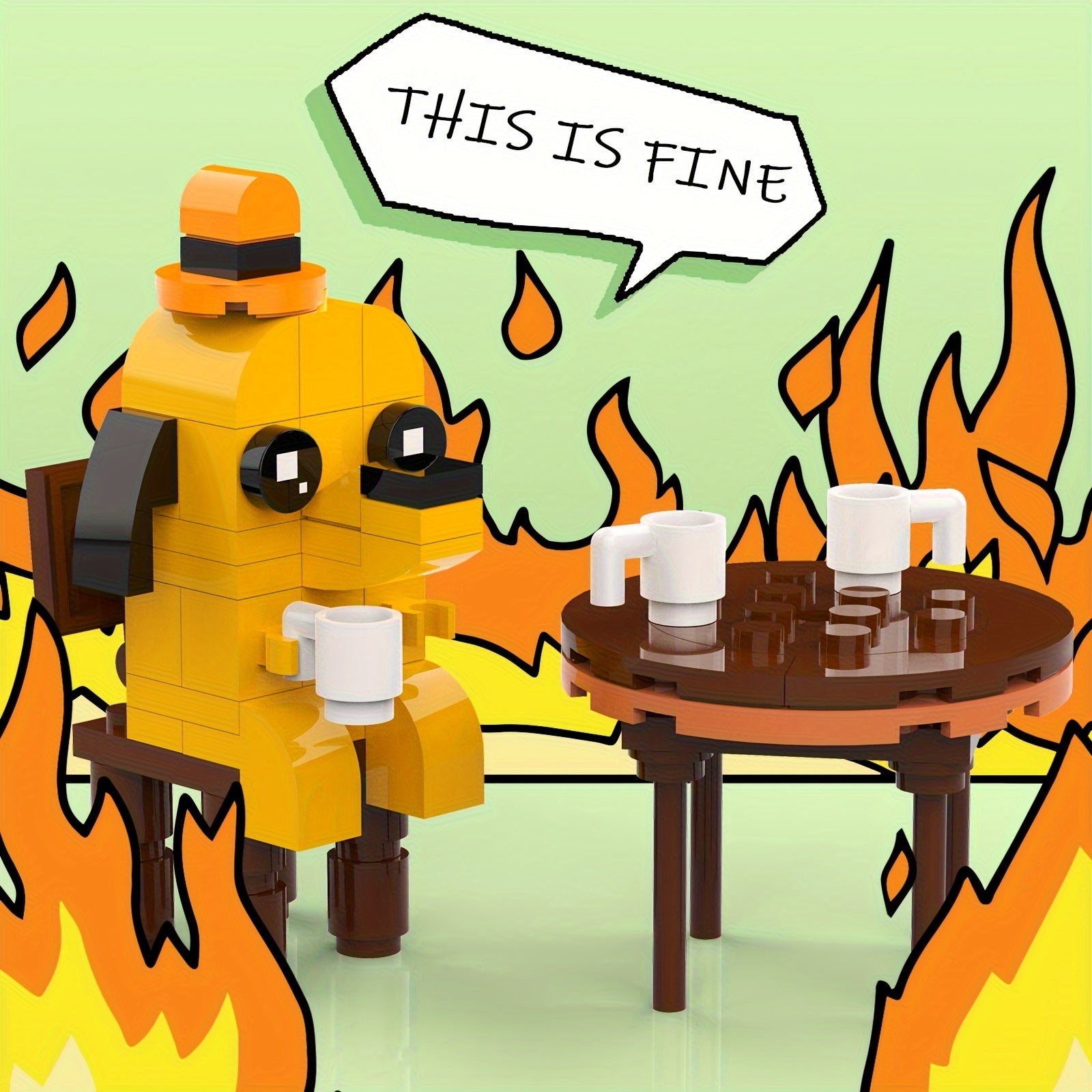 Funny 'This Is Fine' Dog Meme Building Set Cartoon Puppy Construction Toy