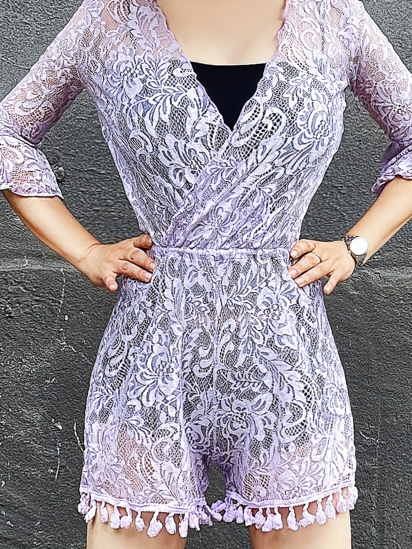 Lace Tassel Trim Purple Cover Up Playsuit V Neck Bell Sleeve