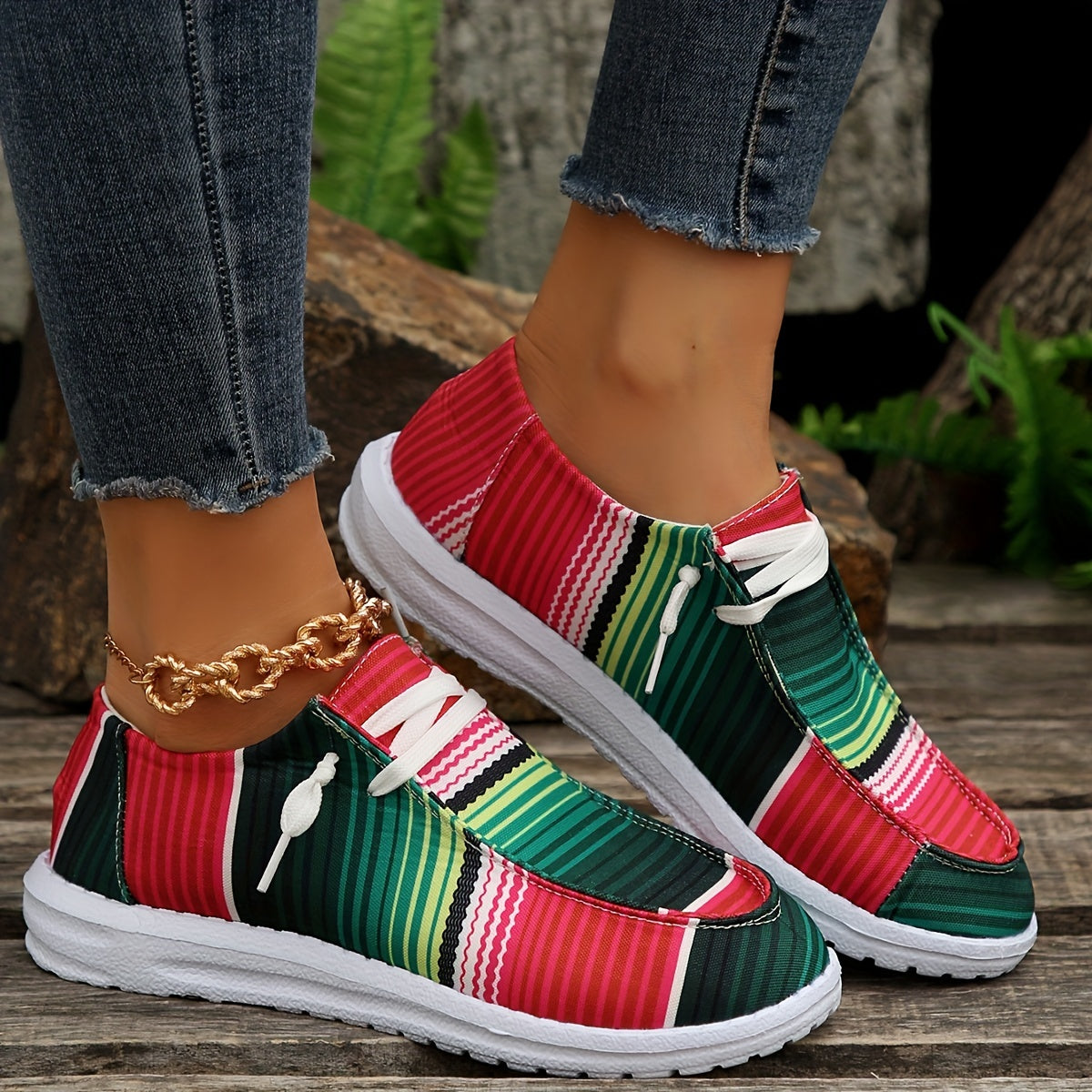 Women's Striped Canvas Shoes Round Toe Slip On Loafers Lightweight Flats