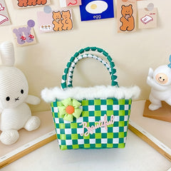 Girls Colorful Braided Basket Bag Handbag With Flower Plush for Holiday Party