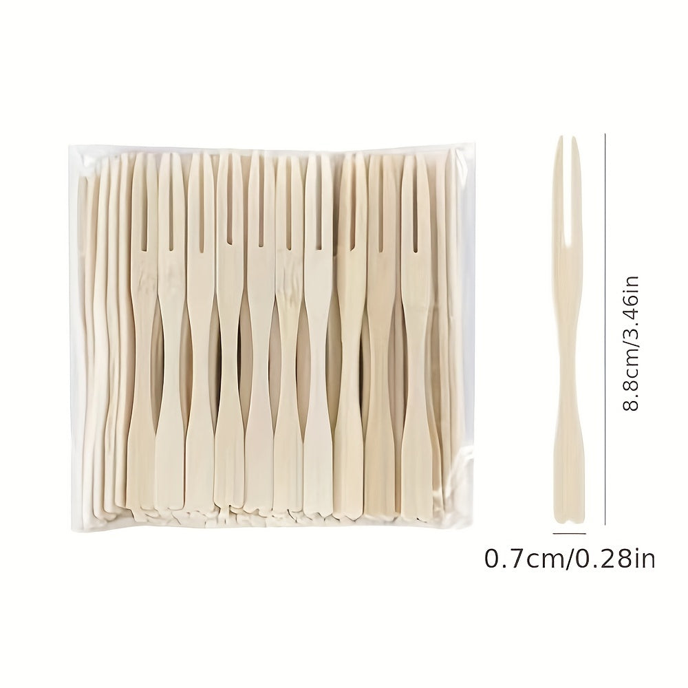 100 Pcs Bamboo Forks Mini Food Picks Double Prong Cocktail Dessert Fruit Picks