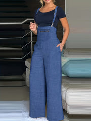Solid Wide Leg Overall Jumpsuit Casual Pocket Front Overall Jumpsuit