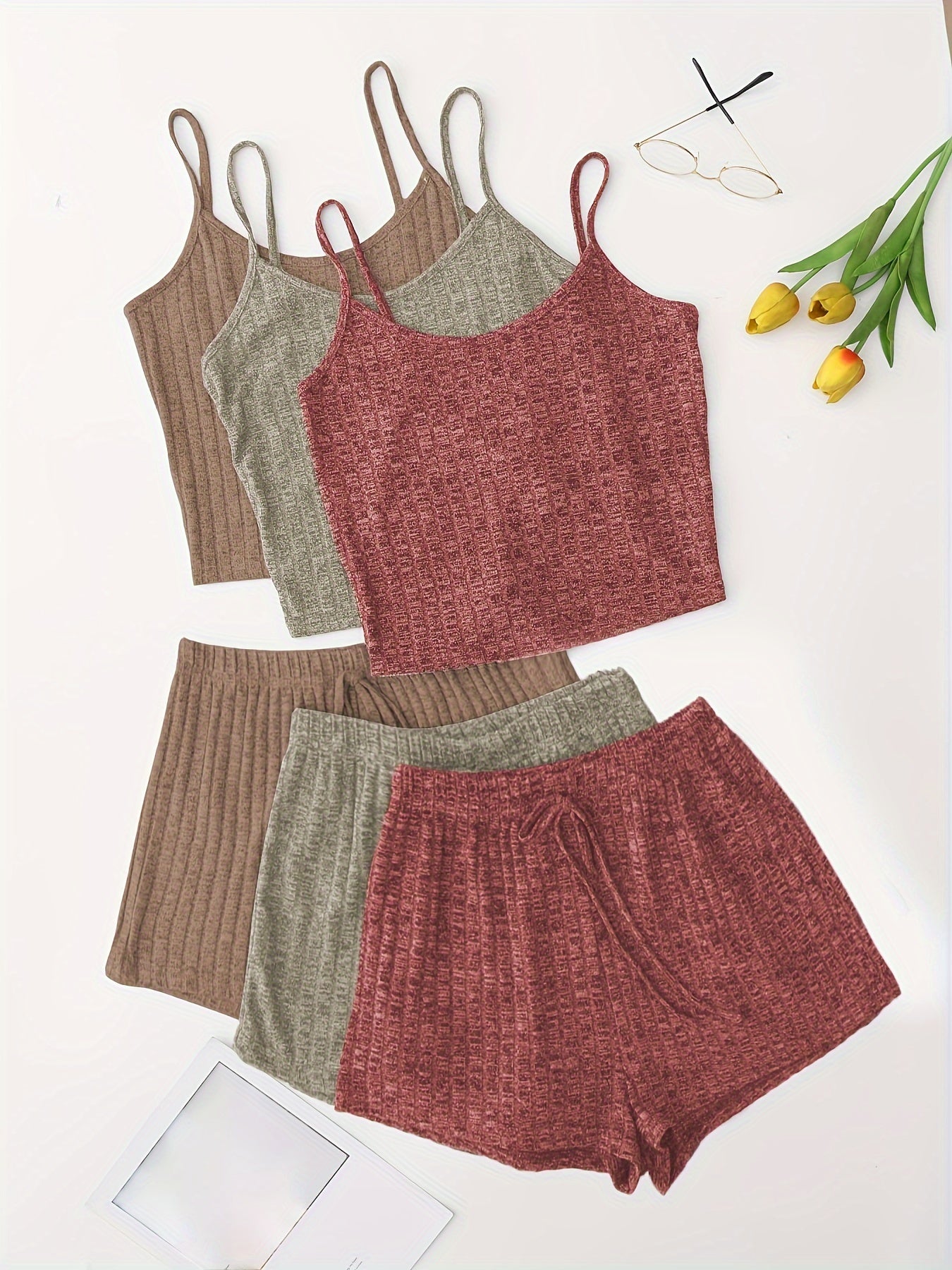 6 Pack Plus Size Basic Pajama Set Women's Plus Ribbed Knit Cami Top & Shorts