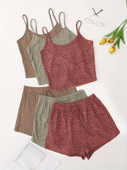 6 Pack Plus Size Basic Pajama Set Women's Plus Ribbed Knit Cami Top & Shorts