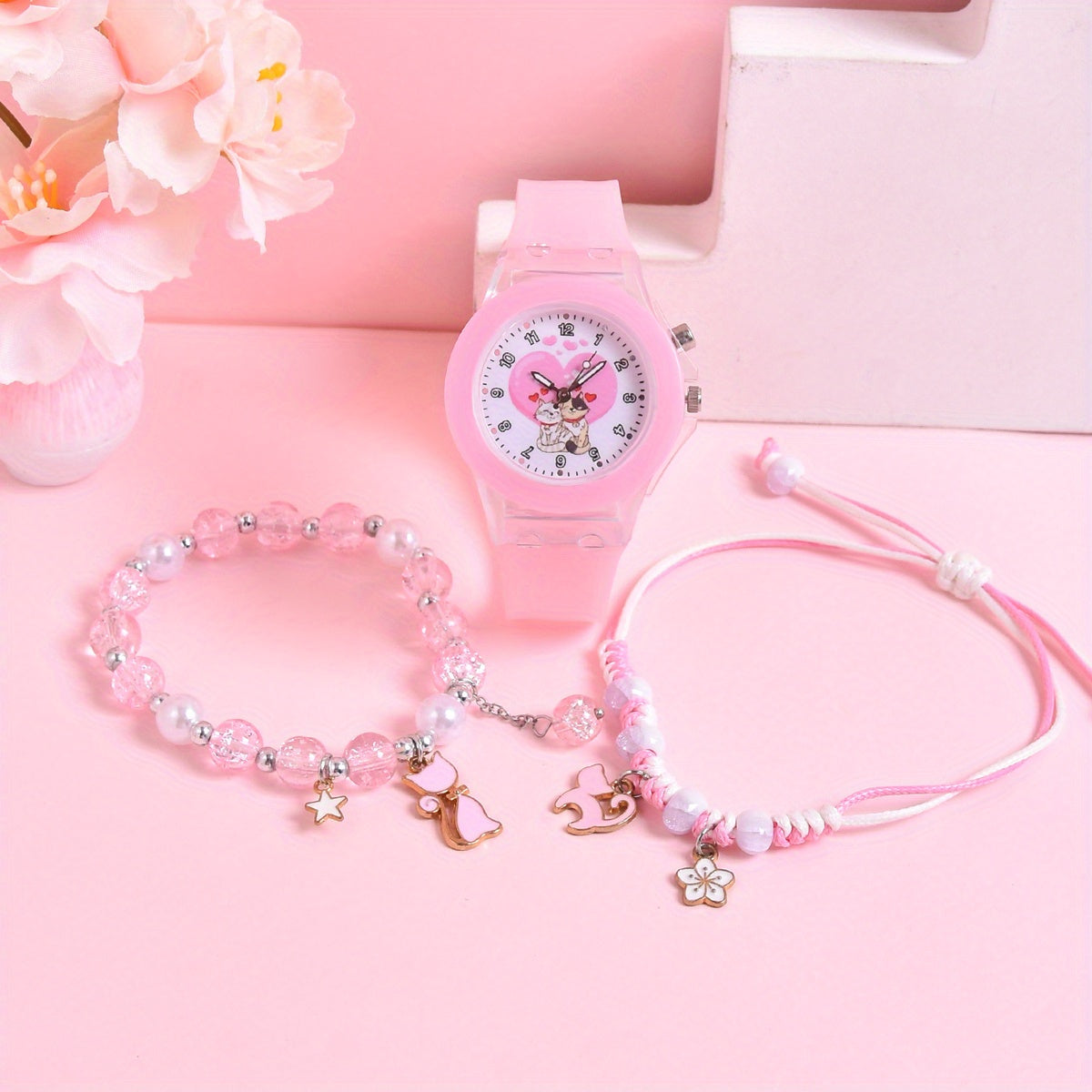 Girls' Cartoon Cat Watch Gift Set with Pendant Bracelet