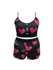 Sexy Pajama Set Splash & Heart Print Crop Cami Top & Shorts