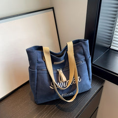 Vintage Letter Embroidered Tote Bag Retro Canvas Shoulder Bag Women's Casual