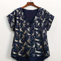 Casual Blouse Women's Plus Allover Print V Neck Asymmetrical Blouse