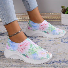Floral Print Slip On Sneakers Breathable Walking Shoes