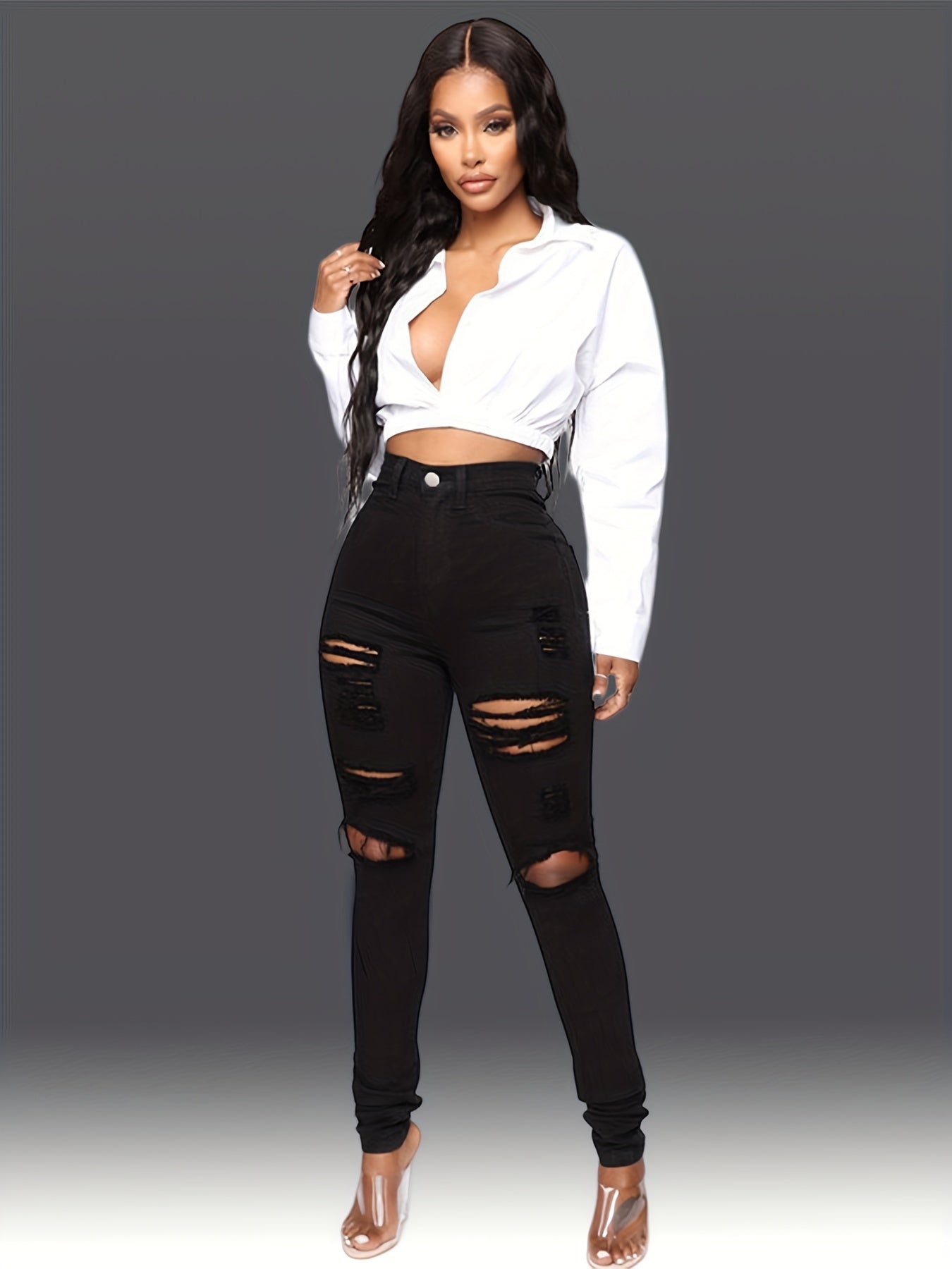 Distressed High Waist Skinny Jeans High Stretch Denim Pants