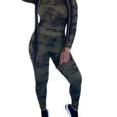 Camo Print Casual Two piece Set Zipper Long Sleeve Tops & Long Length Pants