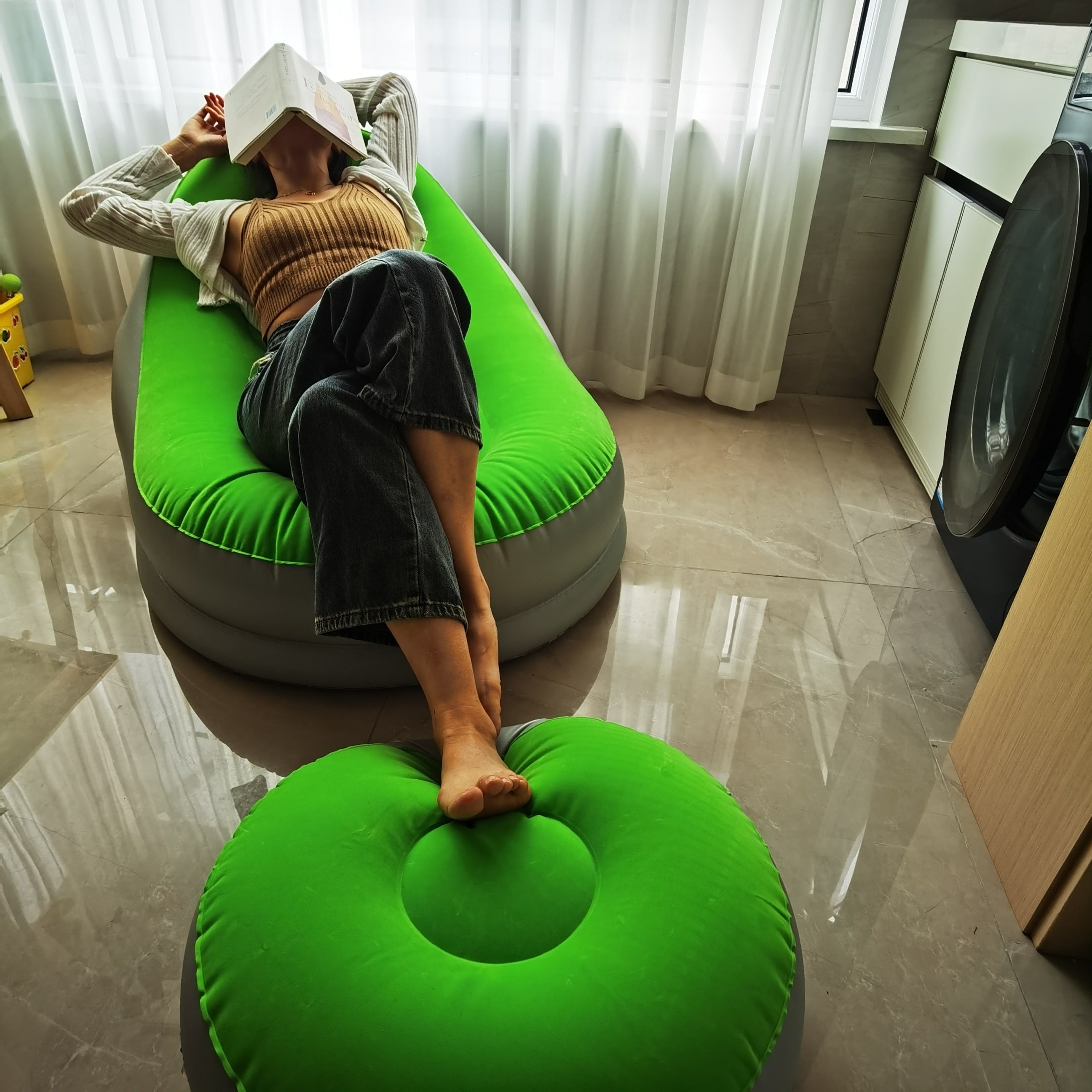 Inflatable Lounge Chair With Footstool Portable Inflatable Sofa Air Lounger
