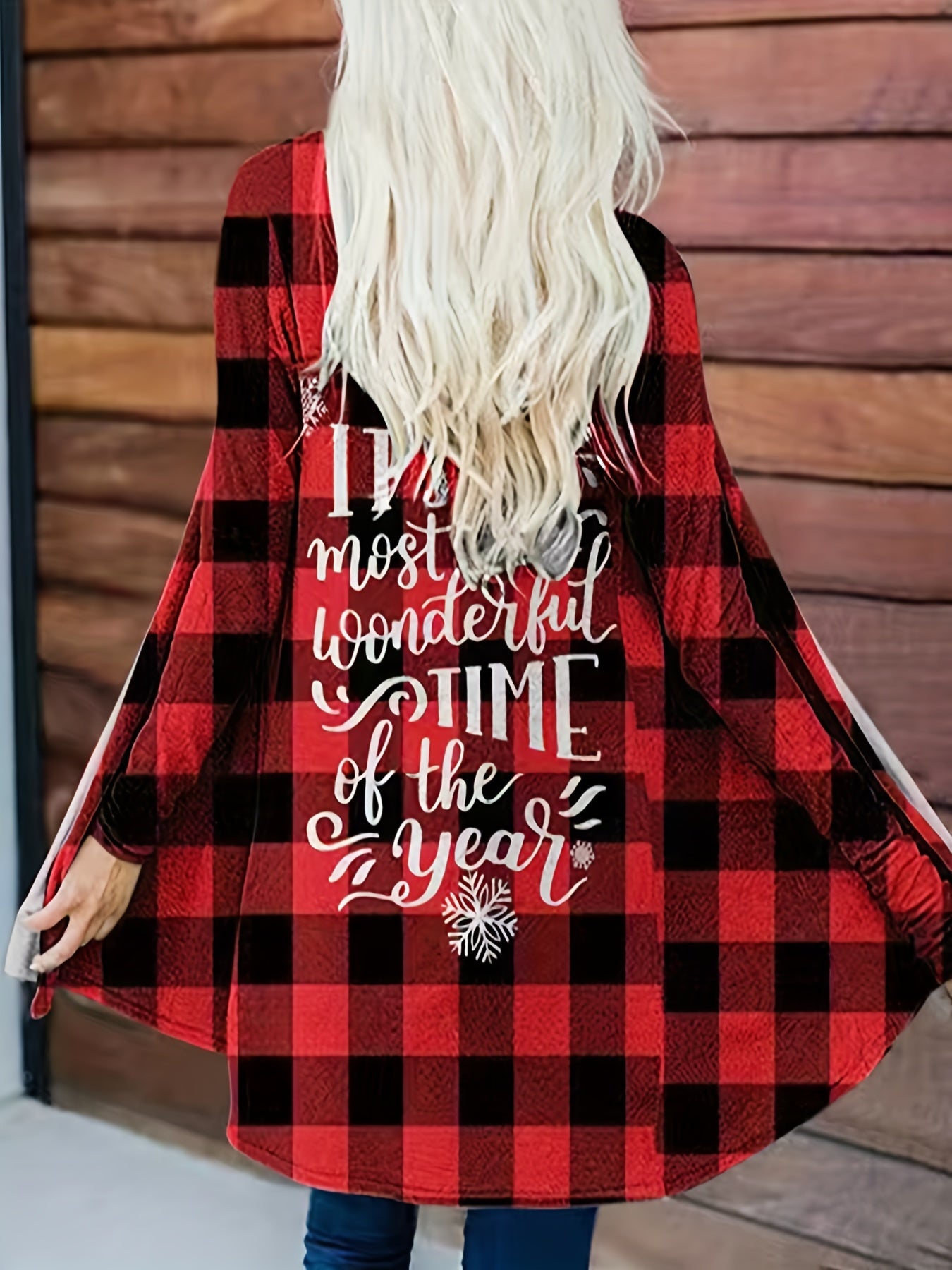 Plus Size Christmas Casual Cardigan Women's Plus Slogan & Snowflake Print