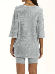 Plus Ribbed Half Sleeve Top & Shorts 2 Piece Set