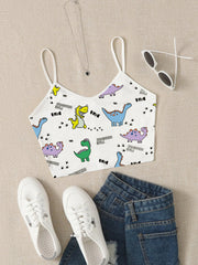 Dinosaur Print Crop Cami Top V Neck Spaghetti Strap Top