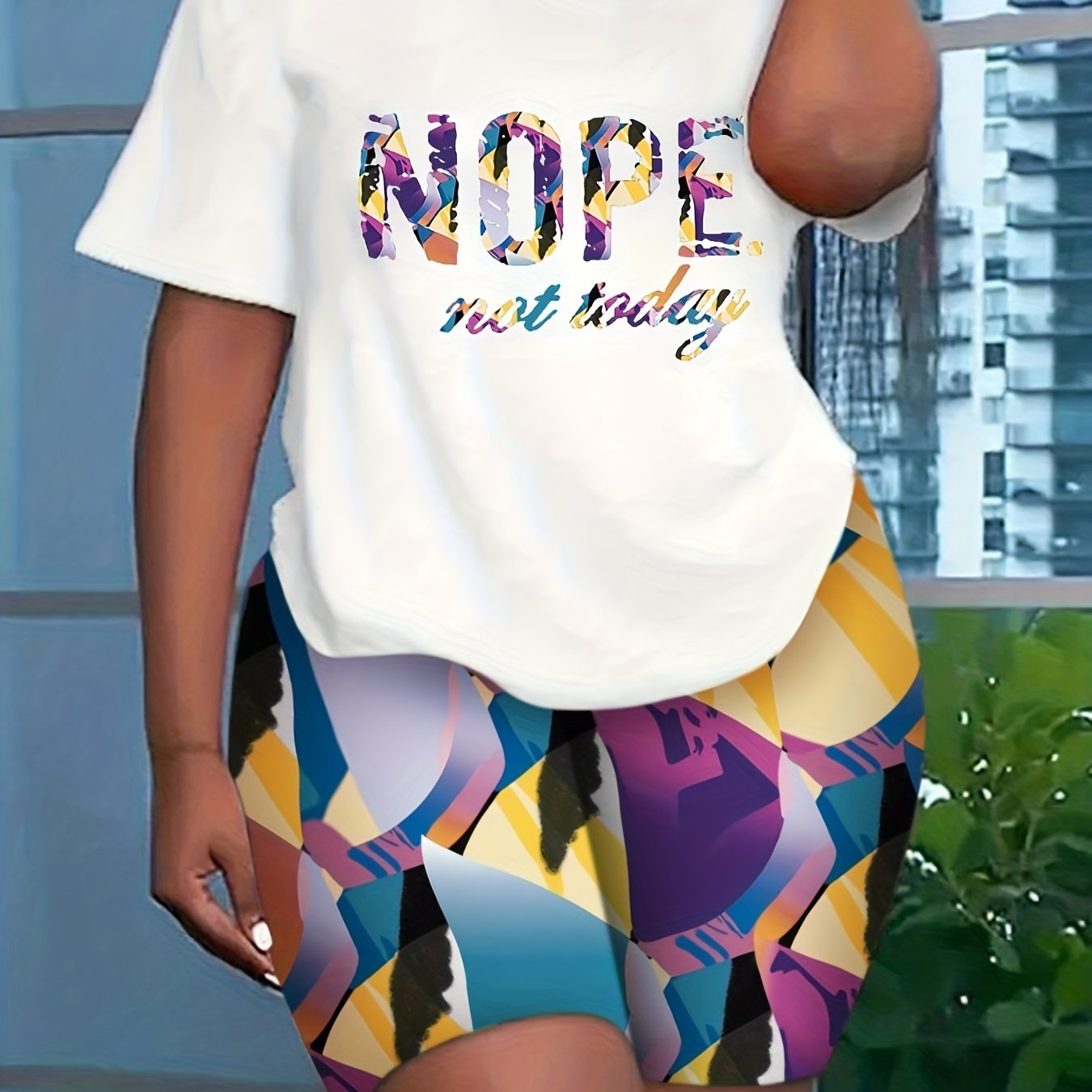 Women's Plus Contrast Letter Tee & Printed Skinny Shorts Two Piece Set