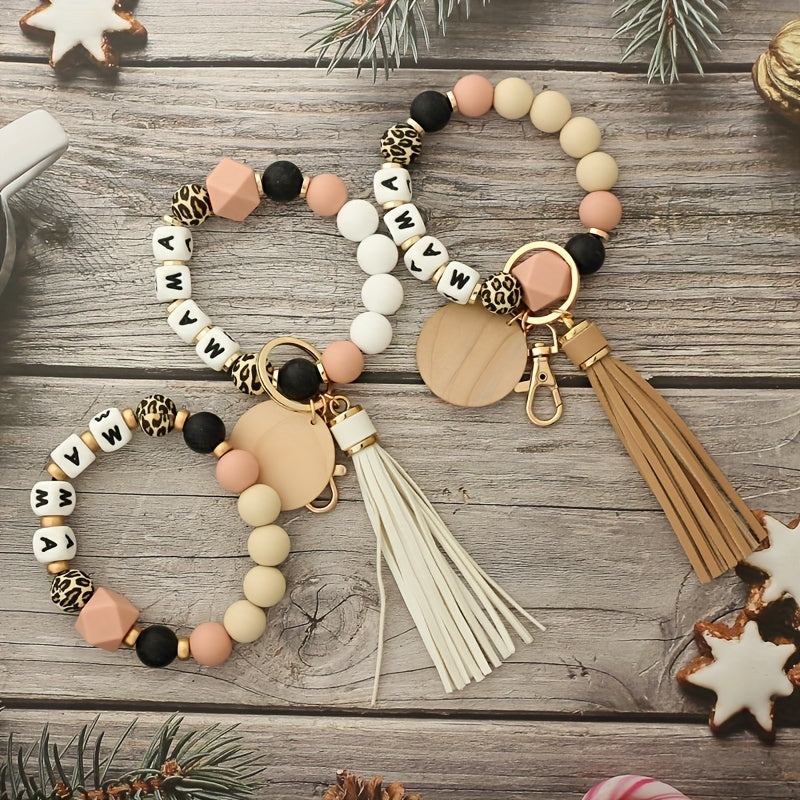MAMA Silicone Beaded Bracelet Keychain Tassel Key Ring Purse Bag Charm