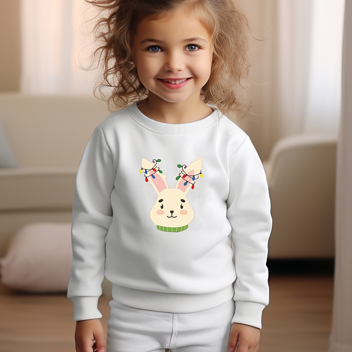 Christmas Light Bunny Graphic Crew Neck Long Sleeve Sweatshirt Kids