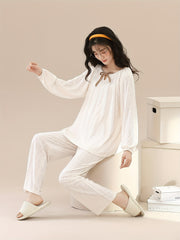 Women's Solid Pajama Set Long Sleeve Crew Neck Top & Pants