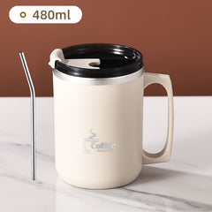 480ml Stainless Steel Water Cup with Straw and Handle, Leakproof Coffee Mug