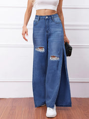 High Waist Distressed Split Jeans Slash Pockets