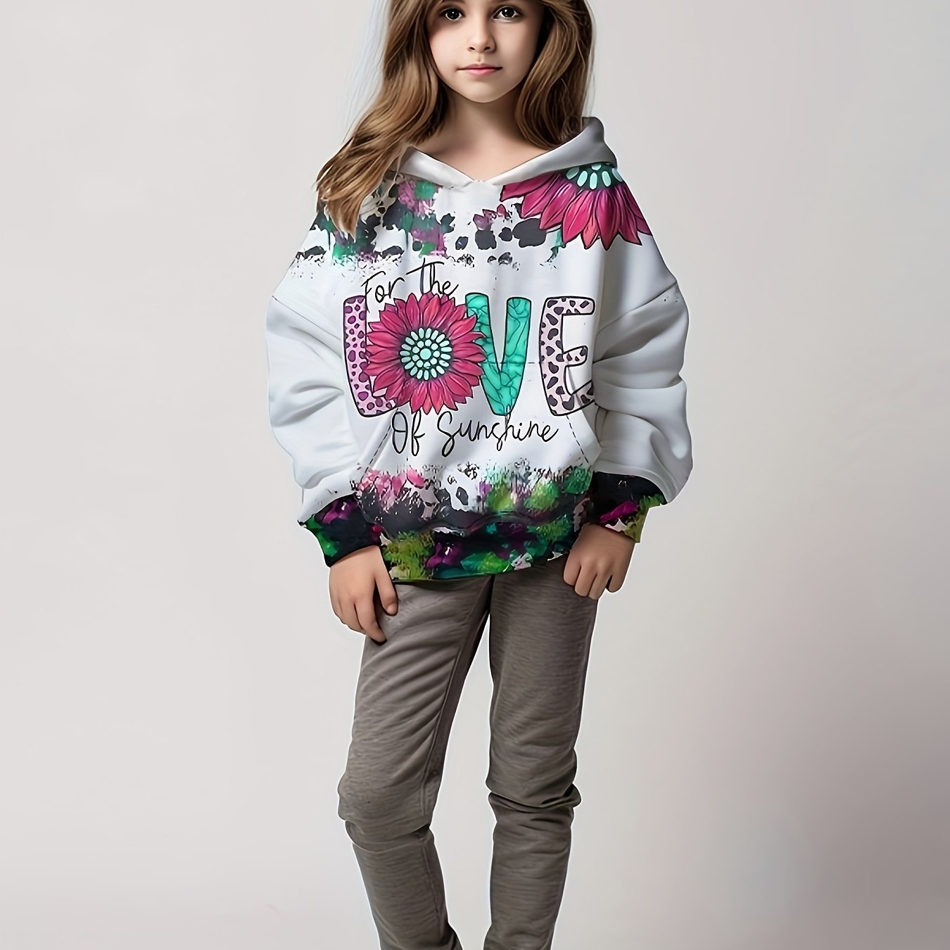 Western Style LOVE Print Sunflower Graphic Hoodies Girls Pullover