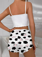 Cow Print Pajama Set Crew Neck Cami & Shorts Women's Sleepwear