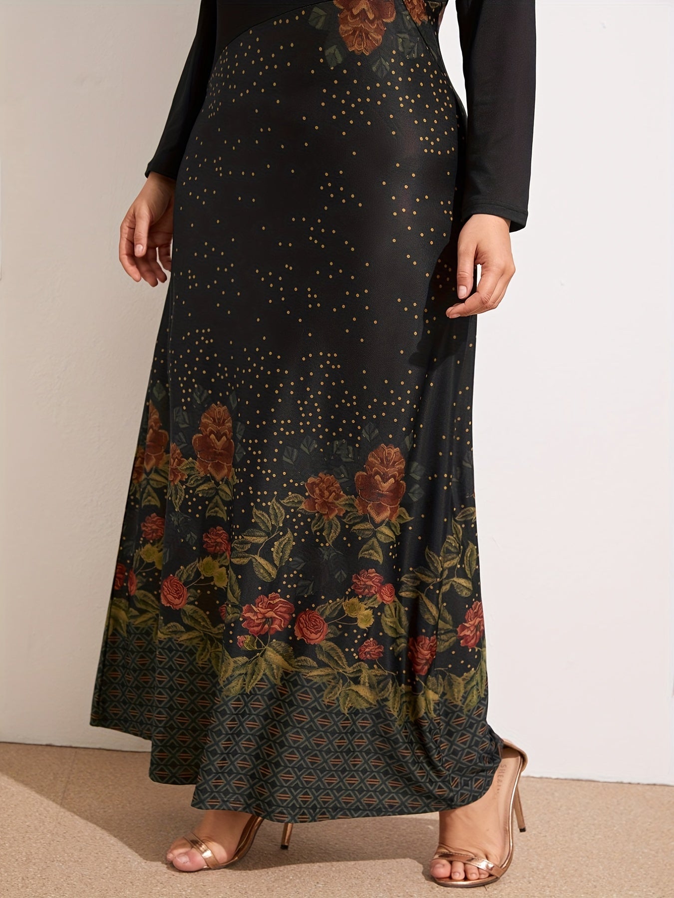 Women's Plus Floral Print Long Sleeve Maxi Dress
