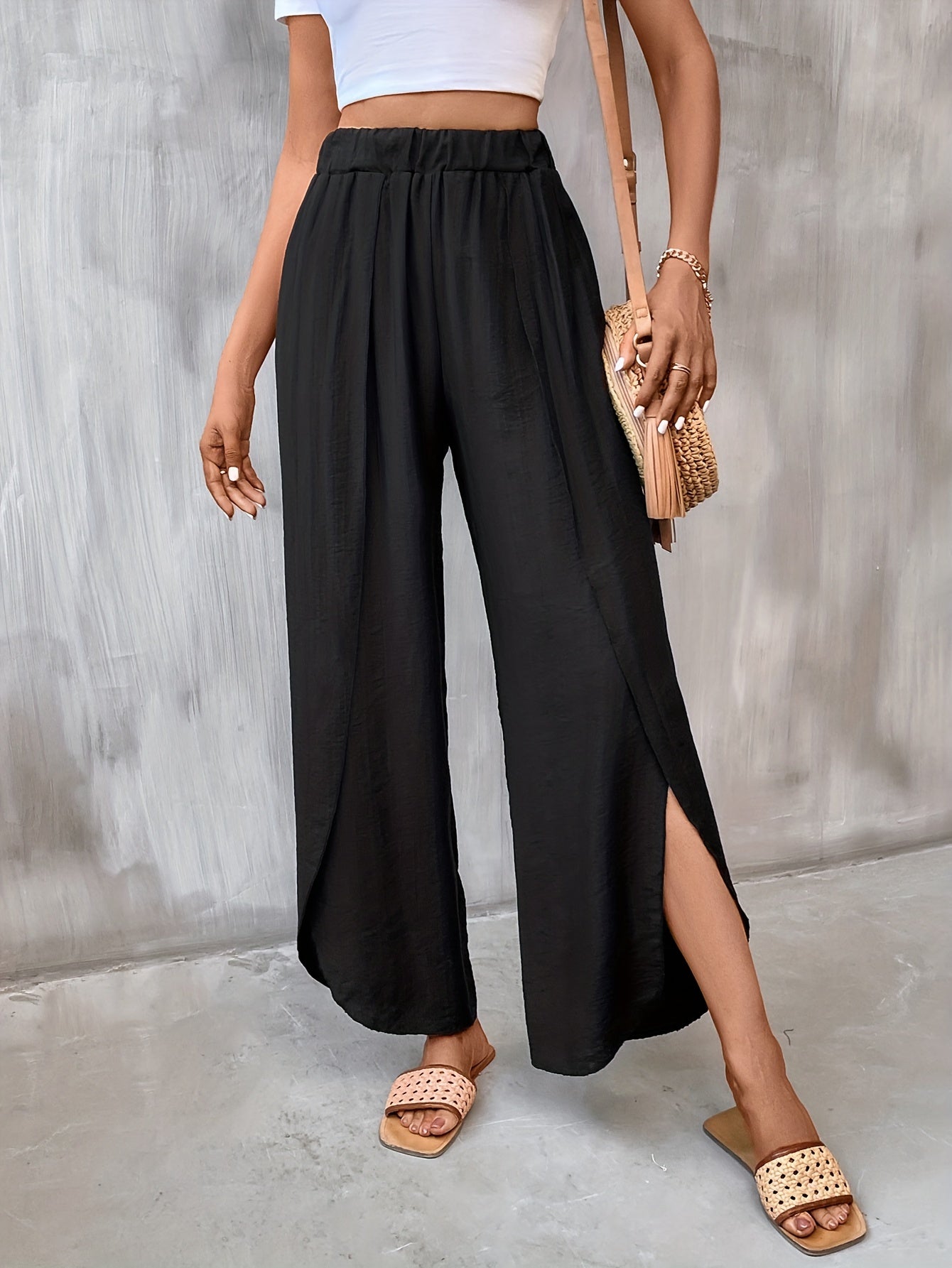Solid Elastic Waist Split Pants Casual Wide Leg Pants Women's Clothing