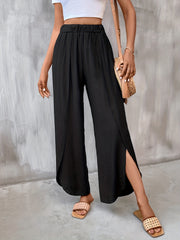 Solid Elastic Waist Split Pants Casual Wide Leg Pants Women's Clothing