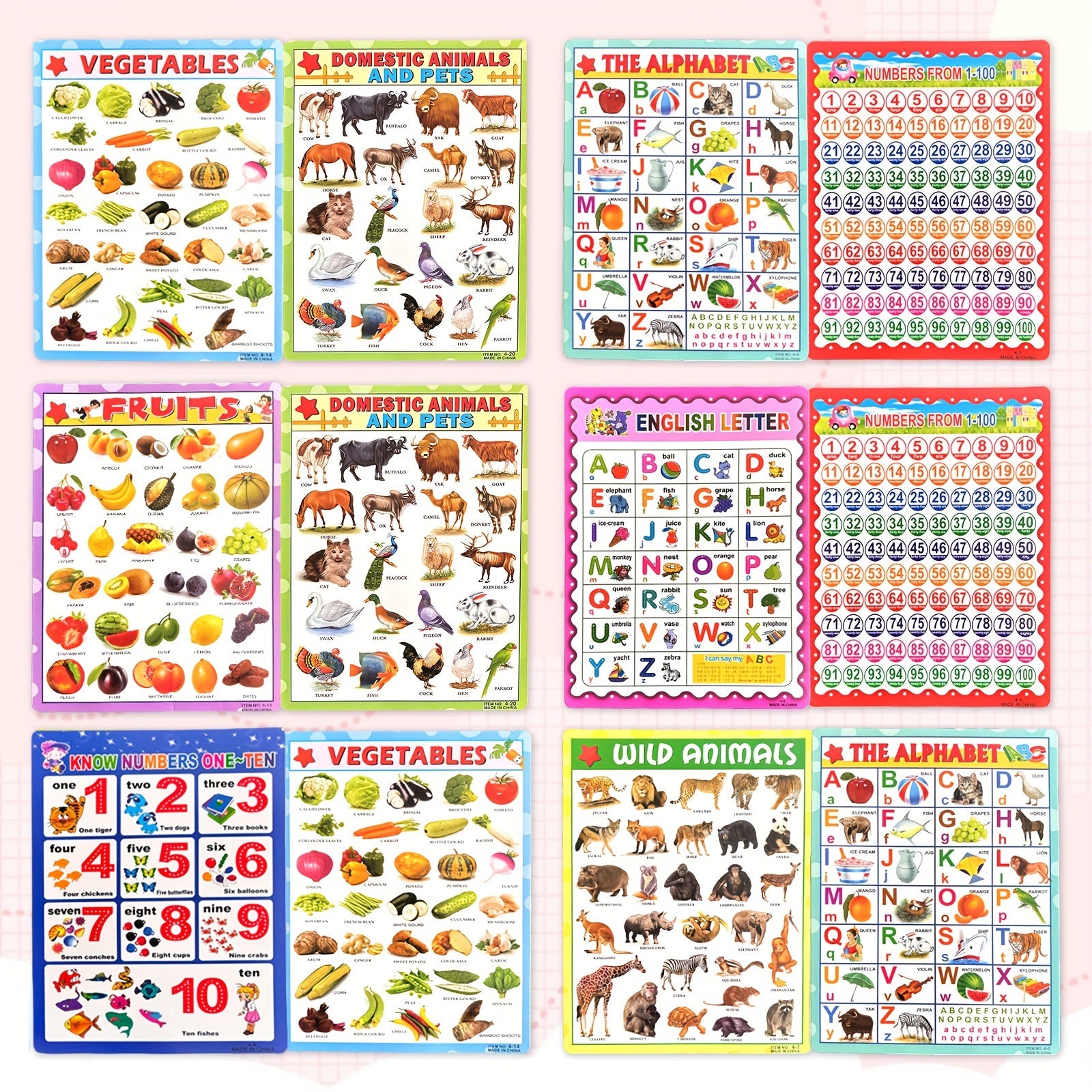 Educational Poster Charts for Kids Alphabet Fruits Vegetables Domestic & Wild An