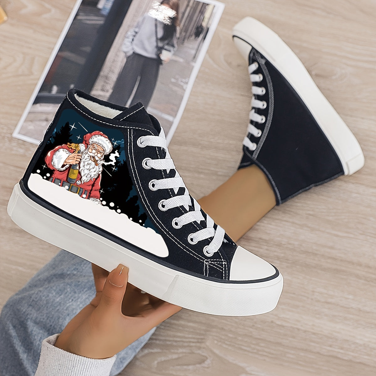 Christmas Santa Print Plush Lined Thermal Chunky Canvas Sneakers