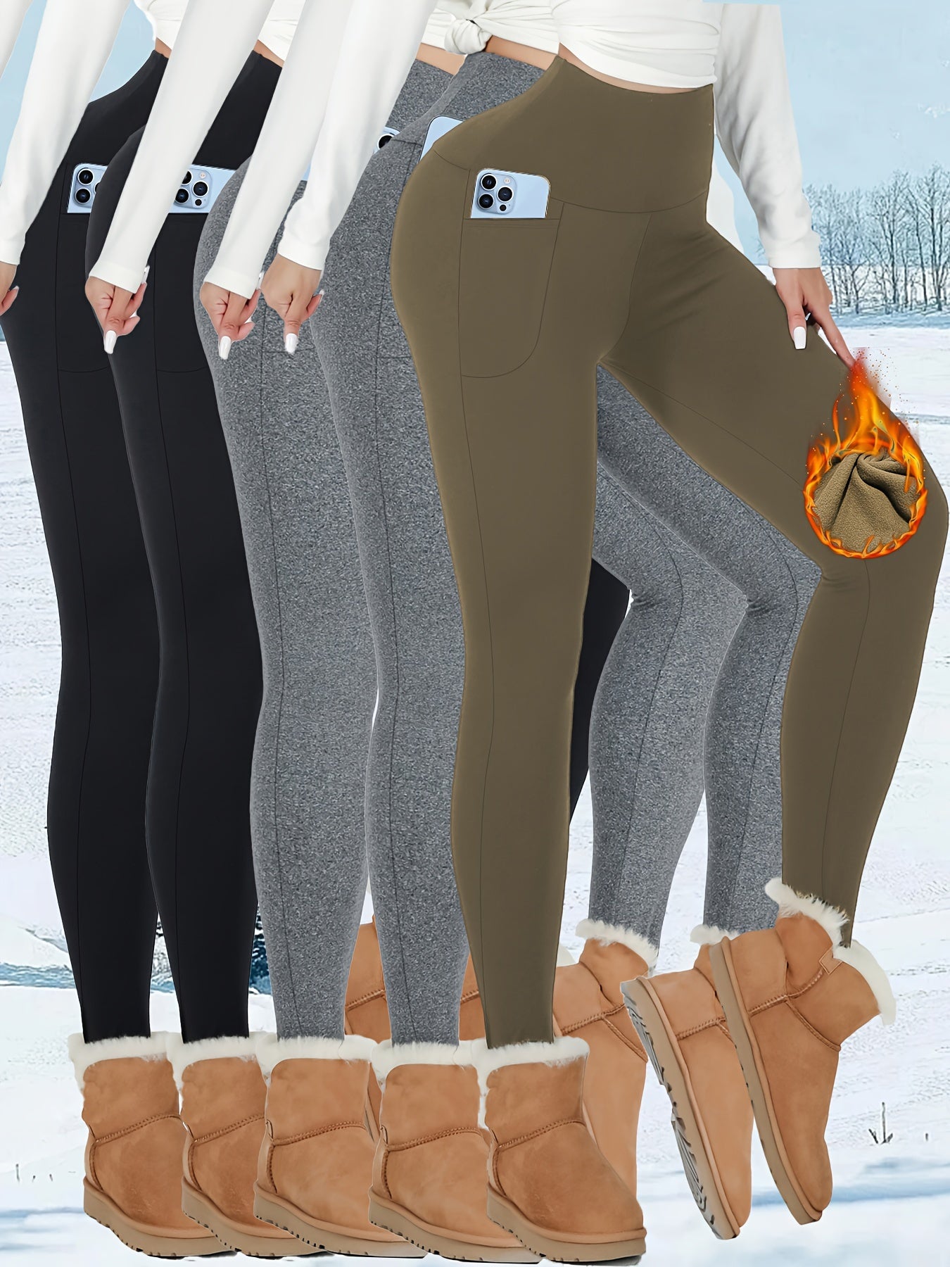 5pcs Womens Thermal Fleece Lined High Waisted Sports Leggings With Pocket
