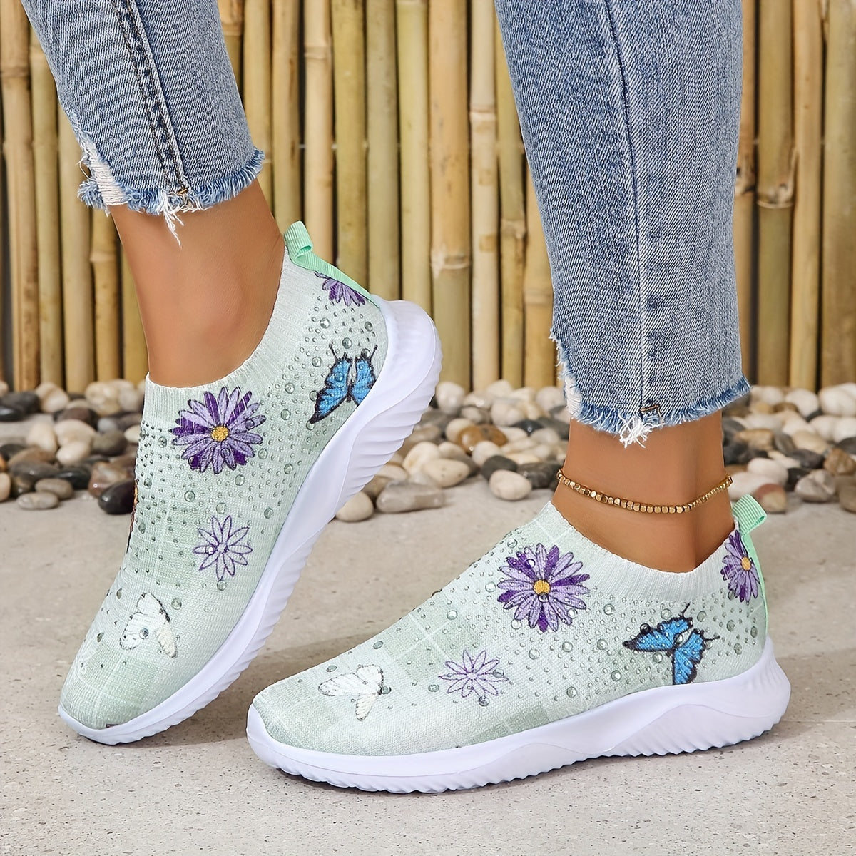 Women's Flower & Butterfly Sneakers Slip On Outdoor Shoes Breathable Woven
