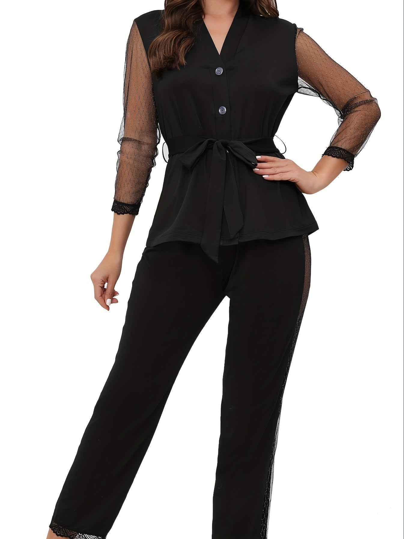 Mesh Stitching Lounge Set Long Sleeve V Neck Top & Elastic Waistband Pants