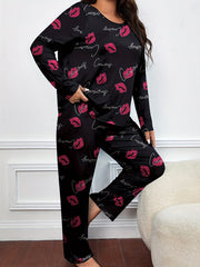 Kiss & Letter Print Pajamas Set Round Neck Long Sleeve