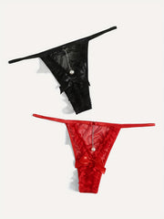 2 Pack Plus Size Sexy Panties Set Women's Plus Chain Decor Lace G String Briefs