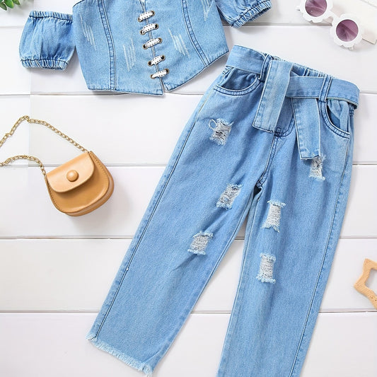 2pcs Toddler Girls Off Shoulder Denim Tube Top & Ripped Belted Jeans Set
