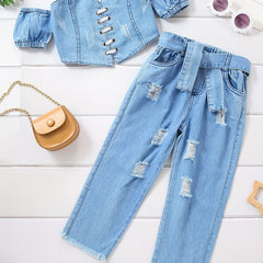 2pcs Toddler Girls Off Shoulder Denim Tube Top & Ripped Belted Jeans Set