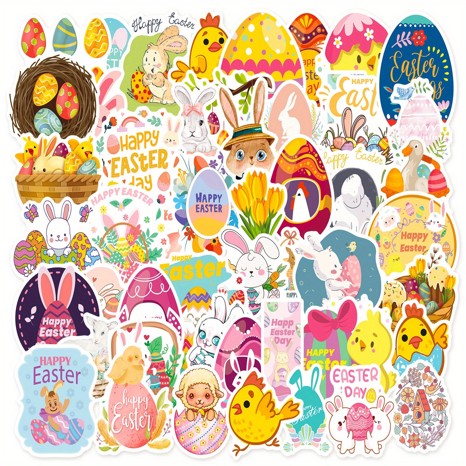 50pcs Easter Cartoon Stickers Mix & Match Bunny Eggs Doodle DIY Decoration