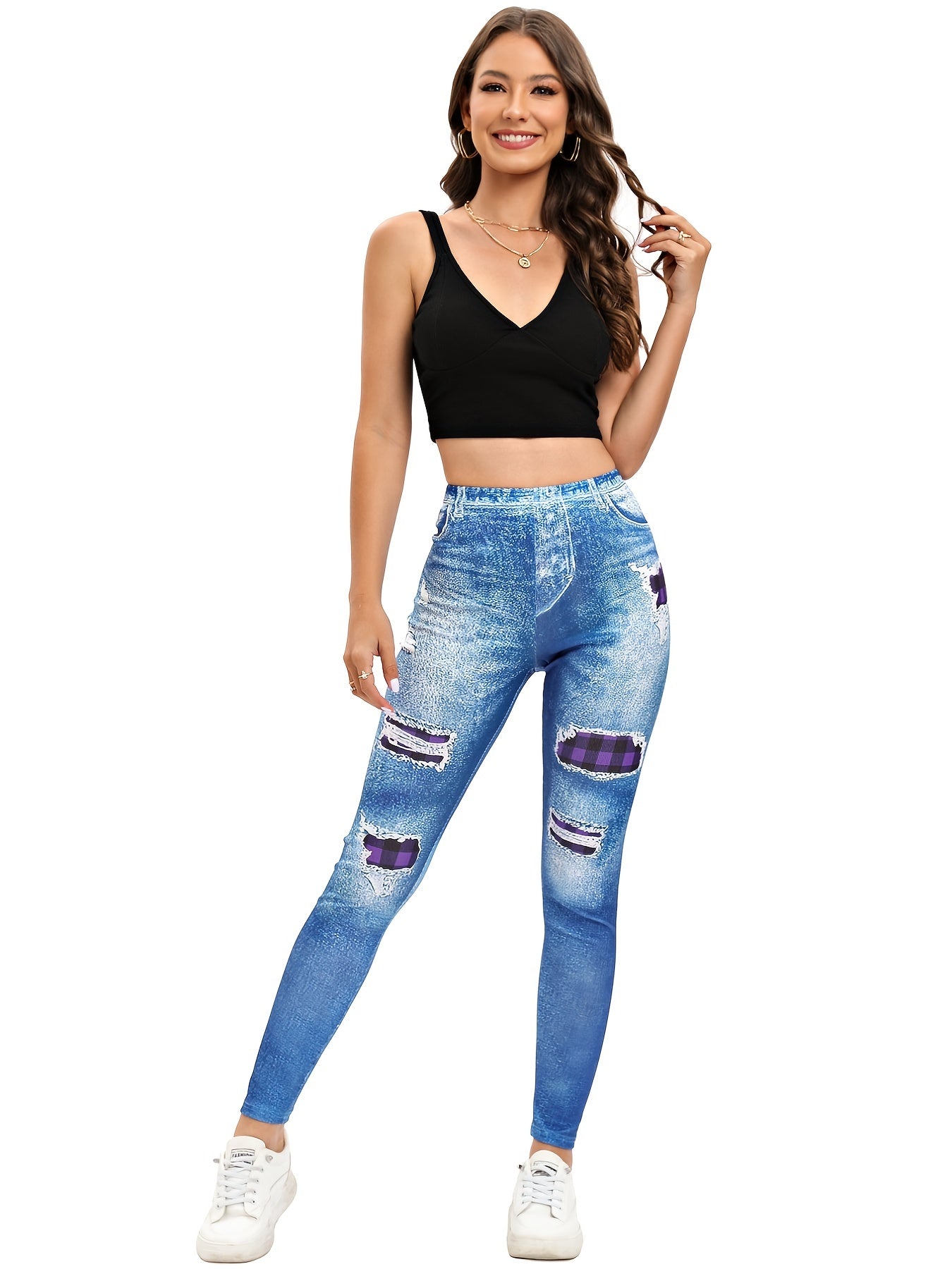 Denim Print High Waist Skinny Leggings Casual Stretchy Leggings