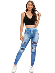Denim Print High Waist Skinny Leggings Casual Stretchy Leggings
