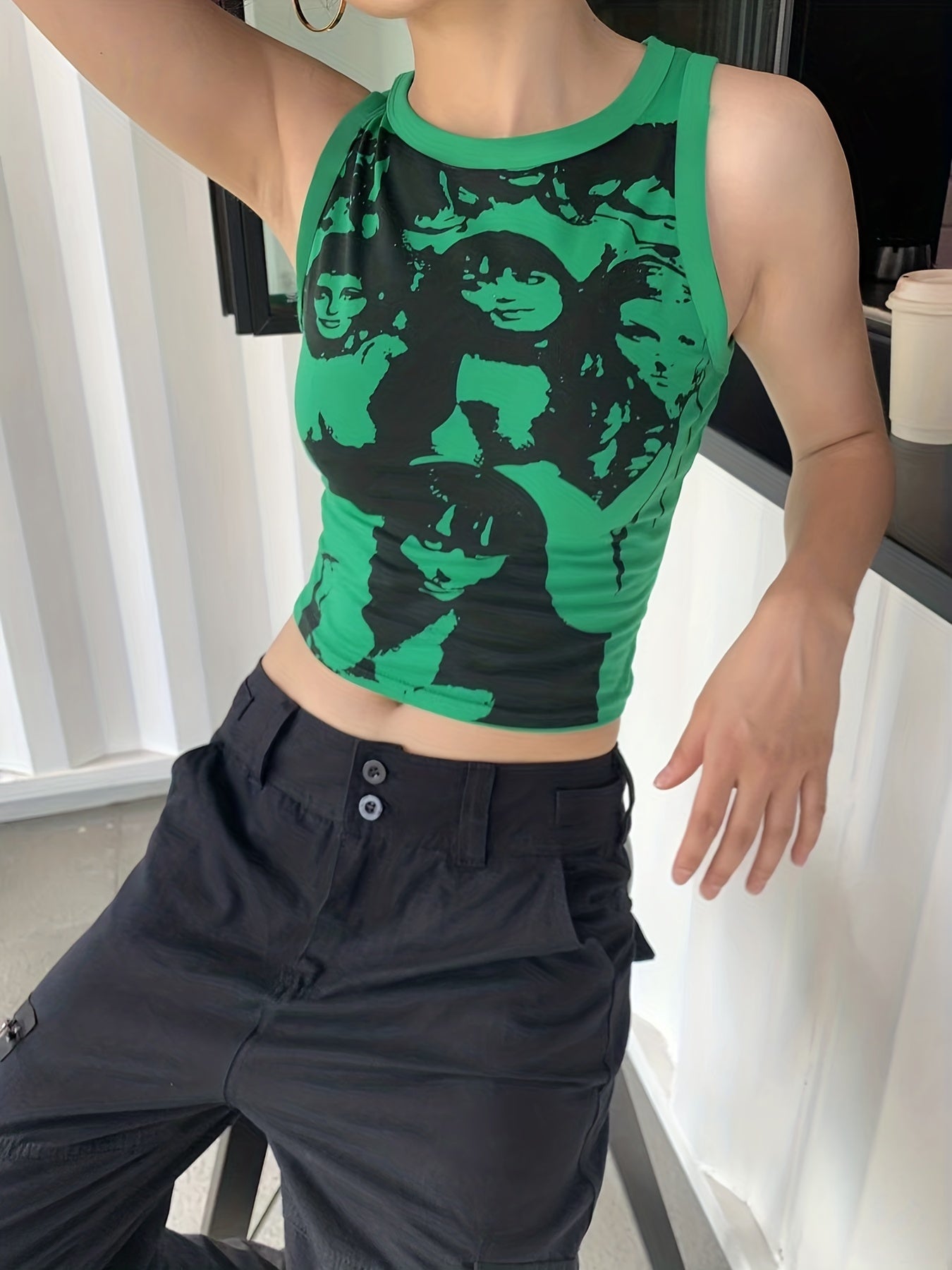 Y2K Portrait Print Tank Top Sleeveless Summer Slim Tank Top
