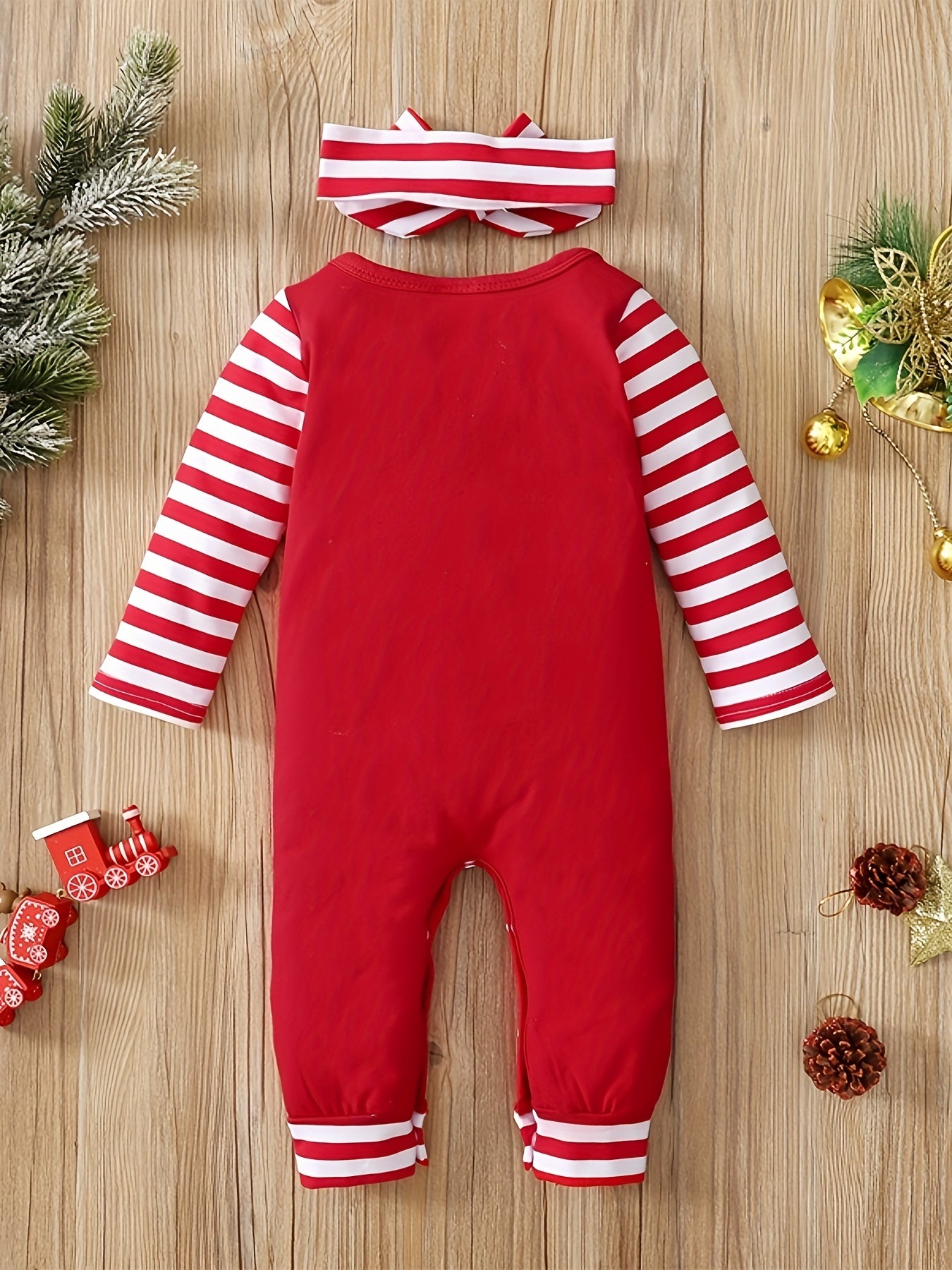 Christmas Letter Print Striped Bodysuit & Headband Baby Set