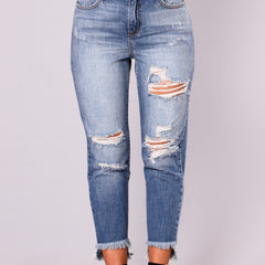 Solid Ripped Button Fly High Rise Tapered Leg Jeans