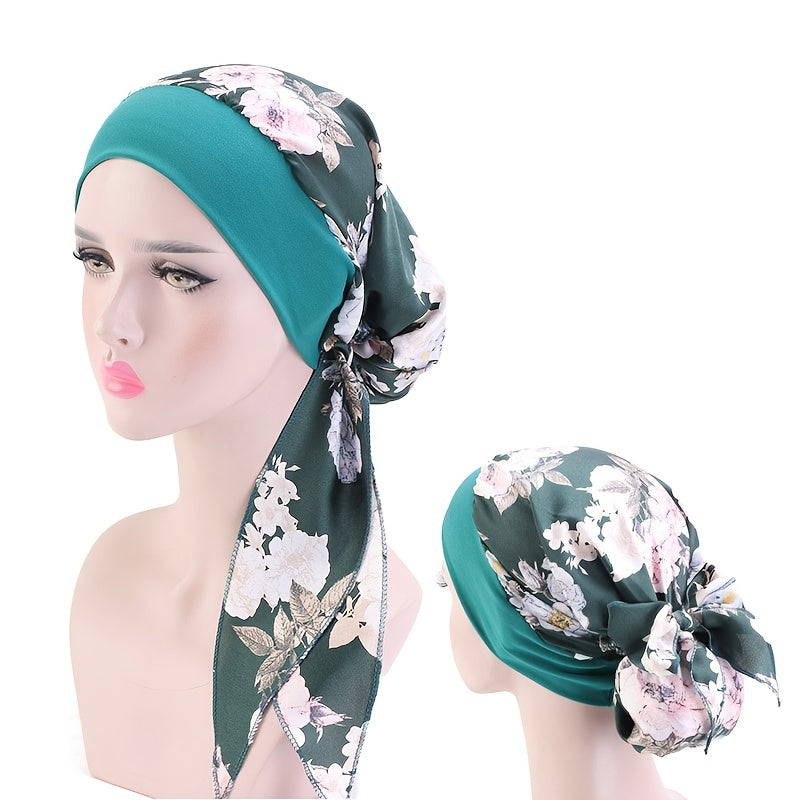Dark Green Flower Print Turban Cap Satin Elastic Headband