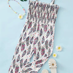 Girls Vintage Leaf Print Spaghetti Strap Jumpsuit