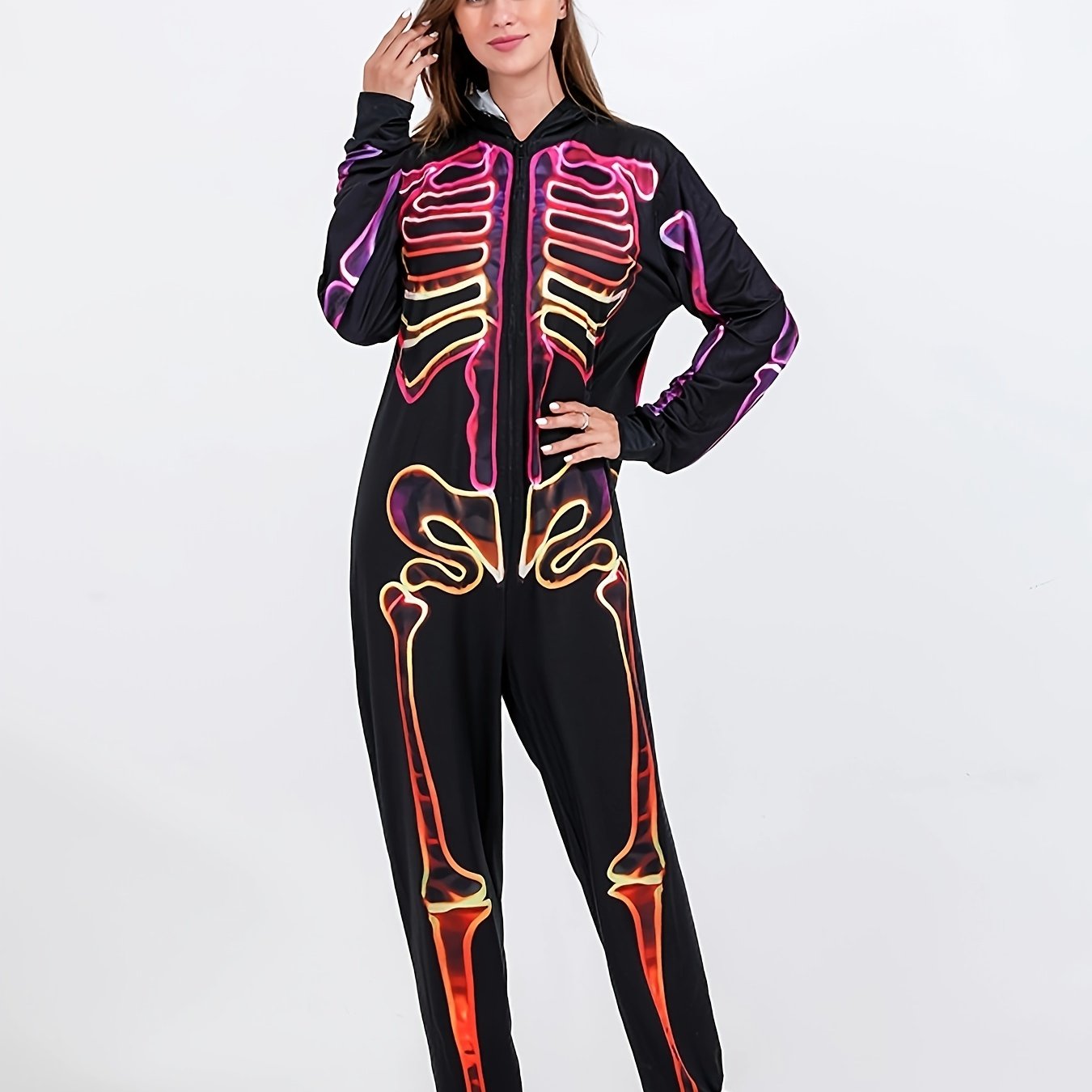 Skull Print Hooded Pajama Romper Long Sleeve Zipper PJ Women's Lingerie