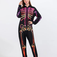 Skull Print Hooded Pajama Romper Long Sleeve Zipper PJ Women's Lingerie